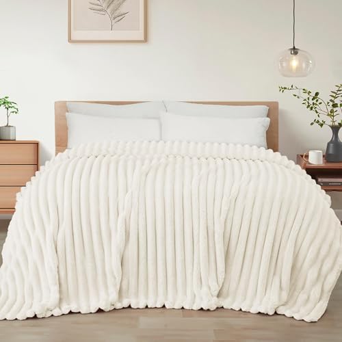 Exclusivo Mezcla Striped California King Fleece Bed Blanket, Ivory by ExclusivoMezcla