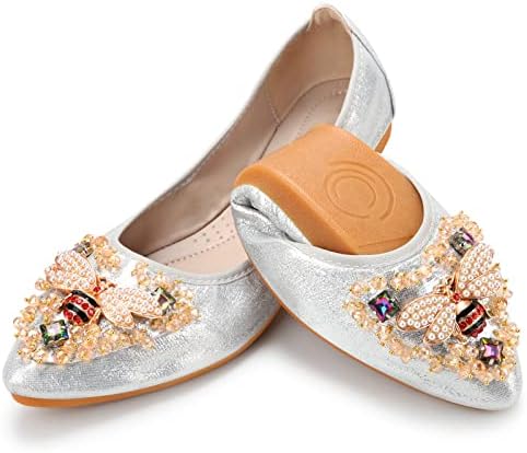 KUNWFNIX Women Ballet Flats Rhinestone Wedding Ballerina Shoes Foldable Sparkly Comfort Slip on Flat Shoes by KUNWFNIX
