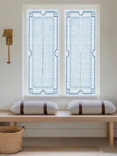 Window Privacy Film Frosted, Pale Blue Botanical Reusable Static Cling Window Tints, Vintage Florals Geometric Minimalist Heat Control Windows Films for Offices, Balcony, 29.5 x 118 Inches - Image 5