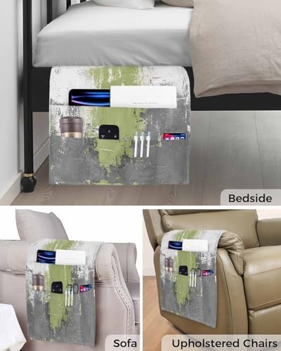 Sofa Armrest Organizer Bedside Caddy, Sage Green Cement Gray Non Slip Couch Remote Control Holder for Recliner, Modern Abstract Art Green Armchair Caddy with Pocket for Magazine, Phone, 19.7"x35" - Image 5