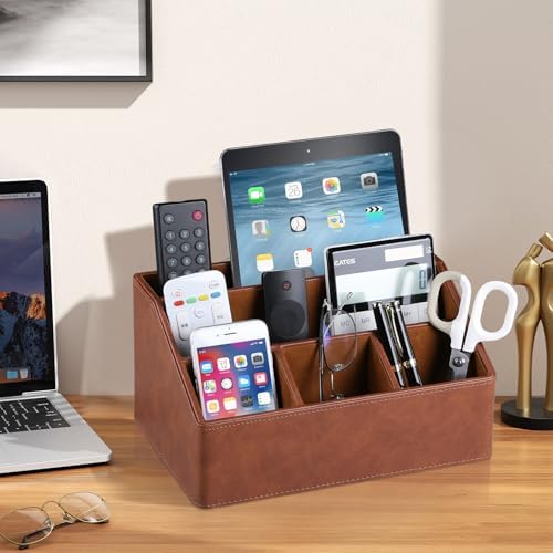 PU Leather Desk Organizer, Remote Control Holder, Brown - Image 3