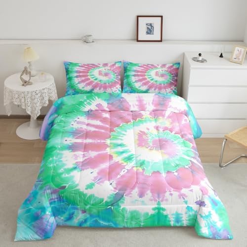 Tie Dye Comforter Set, Girls Boho Psychedelic Pink Down Comforter Twin Size, Bohemian Gypsy Watercolor Duvet Insert for Kids Boys Teens, Exotic Spiral Quilted Duvet Comfy Decorative Room, Teal Blue - Image 2