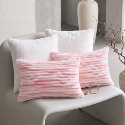 Bedorm Faux Fur Pillowcases Set of 2 King Size Plush Fluffy Pillow Cover Ivory and Pink, Zipper Closure - Image 2