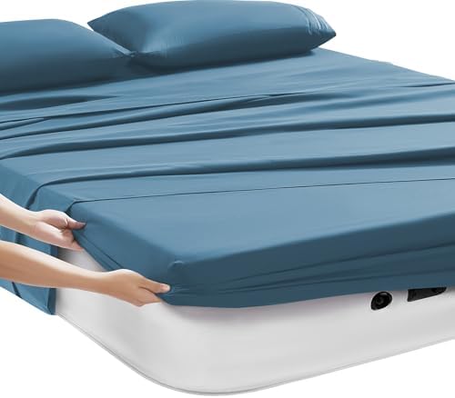 Camping Sheets Full Size - Outdoor Air Mattress Sheet Set – Built-in Corner Straps for Air Mattress & Camping Use – Designed for Inflatable Beds & Tailgate Sleepovers, Denim - Image 2