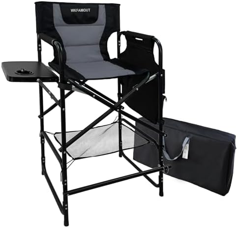 Tall Folding Directors Chair with Side Table 30.71" Seat Height Foldable Camping Chair Bar Stool for Makeup Artist Face Painting with Footrest and Storage Pocket Supports 350LBS by WKFAMOUTCAMP