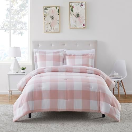 Twin Comforter Set with Sheets - 5-Piece Bedding Collection - 1 Comforter, 1 Fitted Sheet, 1 Flat, 2 Pillowcases - Deep Pocket - Soft & Premium Quality - Ideal for All Seasons, Checkered Box Blush by SweetHomeCollection