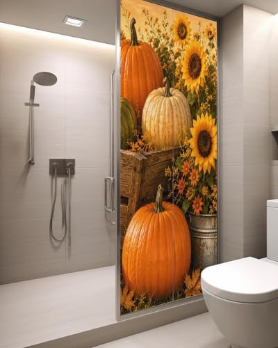 Window Privacy Film Frosted, Fall Pumpkins Static Cling Door Window Covering, Thanksgiving Autumn Sunflowers Orange UV Blocking Windows Film for Office, Hotel, Bedroom, 29.5 x 78.7 Inches - Image 3