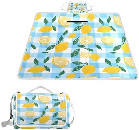 MNSRUU Picnic Blanket Waterproof Foldable, Lemon Blue Checkboard Large Outdoor Picnic Beach Camping Blanket Travel Mat, Shoulder Strap Tote, Rectangle 57x59in by MNSRUU