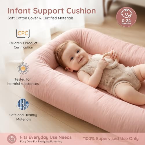 Infant Support Cushion & Baby Support Cushion for Newborn 0-24 Months, Breathable Cotton Pad, Supervised Use, Portable Infant Essentials for Travel and Home, Pink (Cover Included - Image 2