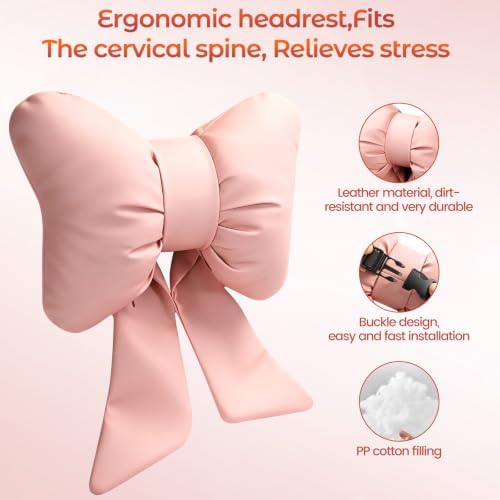 2 Pack Light Pink Bow Leather Car Headrest Pillow - Image 3