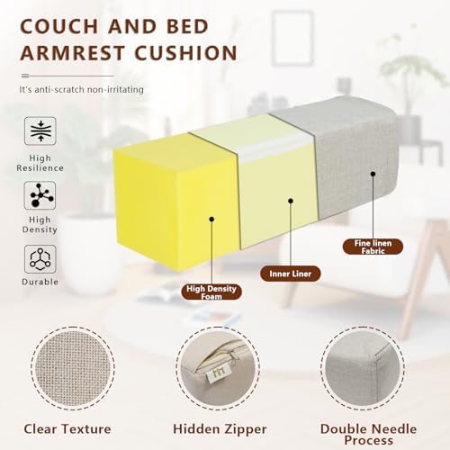 2 Pack Couch Arm Rest Pillow, 6''x6''x20'' Linen Cover, High Density Foam Armrest Cushion, Removable & Washable Elbow Support for Sofa, Bed, and Armchair (Beige) - Image 3