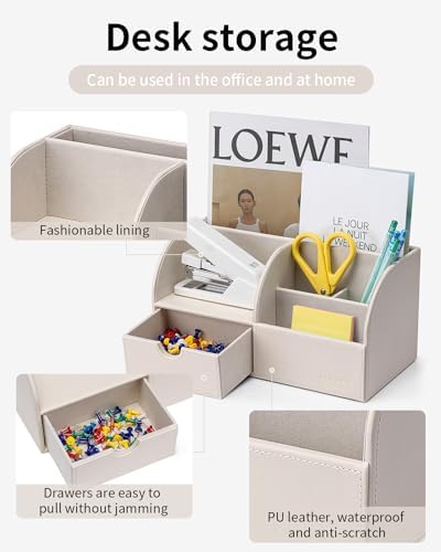 VLANDO Office Desk Organizer Leather Desktop Organizer Caddy with Drawer for Storing Desktop Supplies and Accessories (White) - Image 3