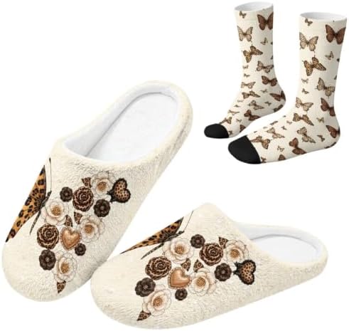 Jeiento Fuzzy Slippers and Crew Sock Set for Women Men Couple Warm Cozy Memory Foam House Shoes Soft Slip-on Slides for Home,Travel by Jeiento