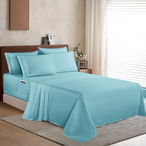 Elegant Comfort 1500 Premium Quality 6-Piece Bed Sheet Set - 18-24 Inch Extra Deep Pocket, Smart Storage Pockets, Wrinkle Free Ultra Soft 6PC Extra Deep Pocket Sheets, Full, Aqua - Image 3