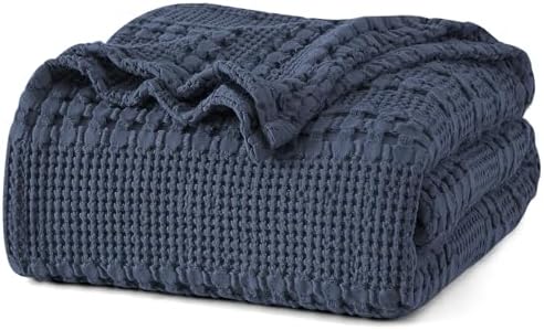 PHF Lightweight 100% Cotton Waffle Blanket for Bed, King, Indigo by PHF