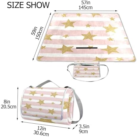 MNSRUU Picnic Blanket Waterproof Foldable, Gold Glittering Stars Large Outdoor Picnic Beach Camping Blanket Travel Mat, Shoulder Strap Tote, Rectangle 57x59in - Image 3