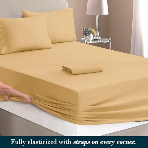 Mocassi Queen Size 4-Piece Bed Sheet Set - 1800 Premium Hotel Quality Microfiber 18-24 Inches Extra Deep Pocket Fitted Sheet- Luxury Soft, Breathable, Wrinkle, and Fade Resistant, Gold - Image 4