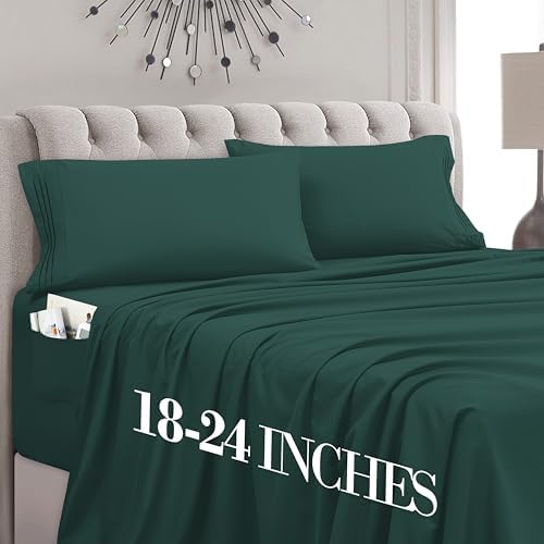 Mocassi Cal King Size 4-Piece Bed Sheet Set - 1800 Premium Hotel Quality Microfiber 18-24 Inches Extra Deep Pocket Fitted Sheet- Luxury Soft, Breathable, Wrinkle, and Fade Resistant, Hunter Green by MocassiLuxuryBedding