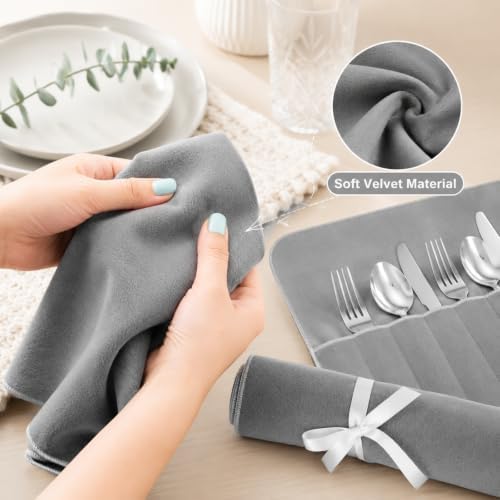 Hillban 18 Pcs Anti Tarnish Silverware Storage Bags Felt, 12 Slots, Grey - Image 5
