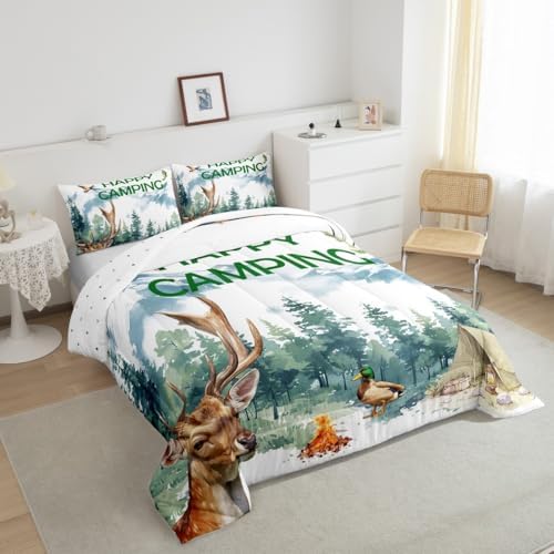 Erosebridal Happy Camping Full Comforter Set,RV Camper Bedding Set for Kids Boys Girls Bedroom Decor,Hunting Deer Fishing Bed Set Rustic Mallard Duck Bedding Comforter Sets,2 Pillowcases - Image 3