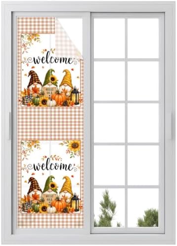 Window Privacy Film Frosted, Thanksgiving Reusable Static Cling Window Tints, Fall Gnomes Pumpkin Maple Flowers Plaid Heat Control Windows Films for Offices, Balcony, 29.5 x 118 Inches by Unknown