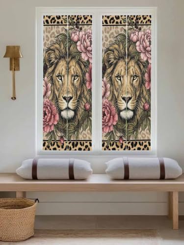 Window Privacy Film Frosted, Lion Print Reusable Static Cling Window Tints, Vintage Peony Flower Chic Wild Animals Texture Heat Control Windows Films for Offices, Balcony, 29.5 x 118 Inches - Image 5