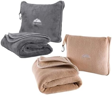 BlueHills Soft Long Travel Blankets 70X48 inches Large Plush Value Pack of 2 - Premium Airplane Travel Essential Flight Throw in a Bag Compact for Plane Travel Gift – Gray and Beige by BlueHills