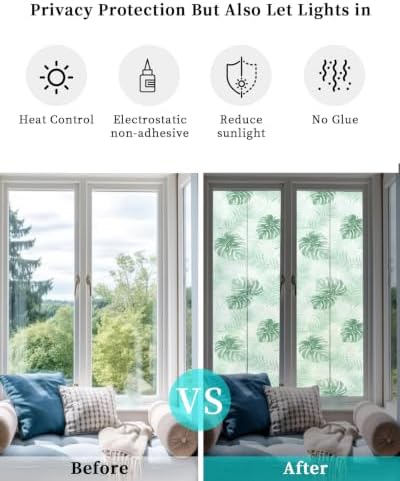 Window Privacy Film Frosted, Mint Green Palm Trees Tropical Reusable Static Cling Window Tints, Summer Beach Botanical Heat Control Windows Films for Offices, Balcony, 29.5 x 118 Inches - Image 6
