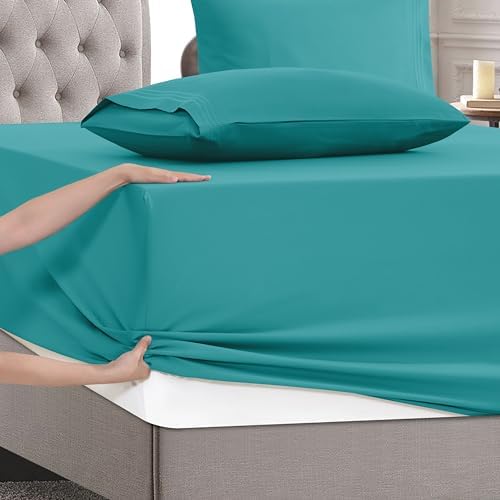Mocassi King Size 4-Piece Bed Sheet Set - 1800 Premium Hotel Quality Microfiber 18-24 Inches Extra Deep Pocket Fitted Sheet- Luxury Soft, Breathable, Wrinkle, and Fade Resistant, Teal - Image 5