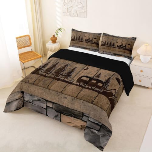 Erosebridal Camo Camper Comforter Set Rv Camping King Bedding Sets for Boys Girls Kids Rustic Farmhouse Camouflage Stone Comforter Woodland Adventure Quilt Duvet 3 Pcs - Image 3