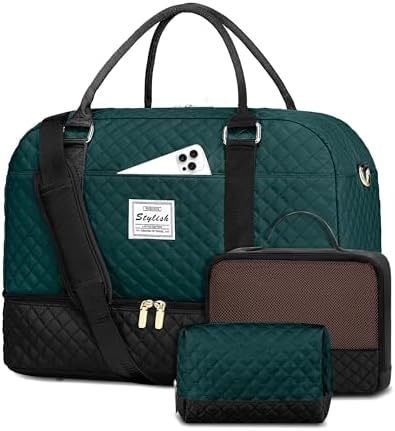 Travel Duffle Bag Weekender Bags: Duffel Bag with Shoe Compartment Carry On Overnight Bag with Wet Pocket Yoga Gym Bags Hospital Bags for Labor and Delivery 3 Pcs Set Black Green by CAYINTOP