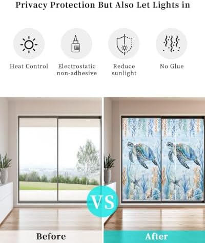 Window Privacy Film Frosted, Sea Turtle Coastal Non-Adhesive Static Cling Window Tint, Blue Ocean Coral Summer Beach Seaweed Insulated Windows Frosted Films for Living Room, 35.4 x 78.7 Inches - Image 6