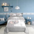 Castle Fairy Cartoon Elephant Bedding Set King Size,Kawaii Cute Wild Animal Comforter Set Room Decor for Home,Grey White Tree Cloud Flower Microfiber Down Comforter,with 2 Pillowcases - Image 2