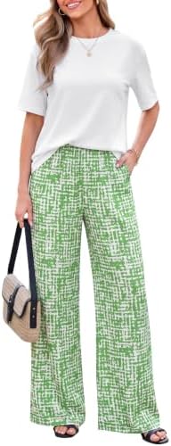 PRETTYGARDEN Women‘s Summer 2 Piece Sets Short Sleeve Tops Beach Boho Pants by PRETTYGARDEN