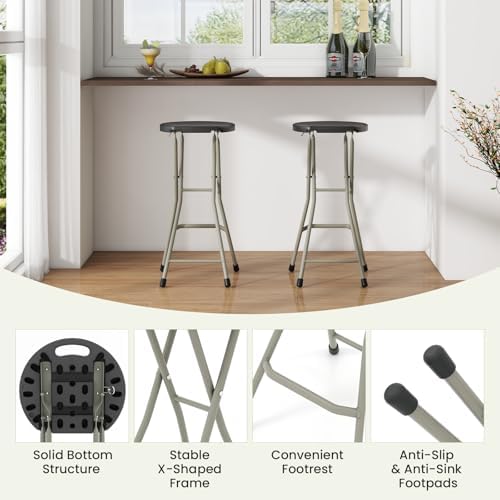 GYMAX Folding Stool, 28in Portable Collapsible Bar Stool with Handle & Steel Frame, 330lbs Sturdy Foldable Lightweight Metal Chair for Home Kitchen Bar, Assembly Free (Set of 4, 28inch) - Image 4