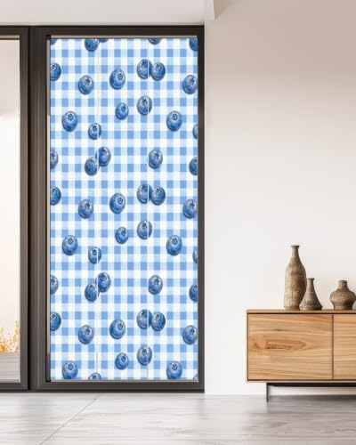 Window Privacy Film Frosted, Blue Blueberry Non-Adhesive Static Cling Window Tint, Checkered Fruits Farmhouse Art Insulated Windows Frosted Films for Living Room, 35.4 x 78.7 Inches - Image 5