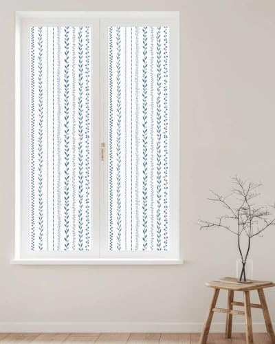 Window Privacy Film Frosted, Modern Minimalist Reusable Static Cling Window Tints, Light Blue Rustic Leaves Stripes Heat Control Windows Films for Offices, Balcony, 29.5 x 118 Inches - Image 2