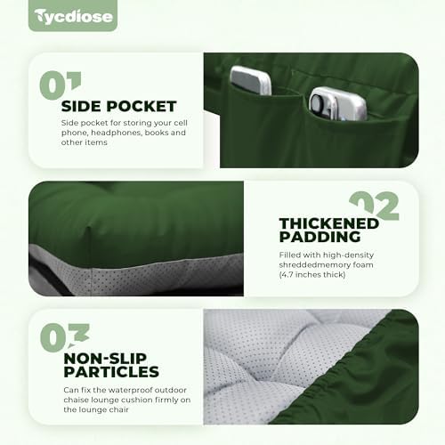 Outdoor Lounge Chair Cushion, Waterproof Replacement Chaise Lounge Cushions for Outdoor Furniture Thickened 71 x 22 x 4.7 Inches Non-Slip Patio Pool Lounge Chair Cushions with Ties (Green) - Image 4