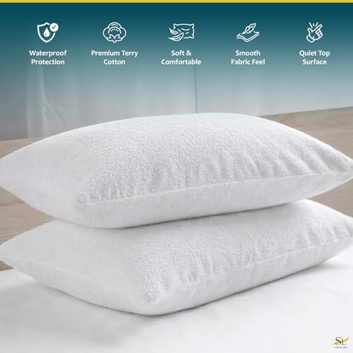 Waterproof Zippered Pillow Protector Covers - Set of 2, White Solid (32" X 32"), Breathable Soft Cotton Terry - Image 2