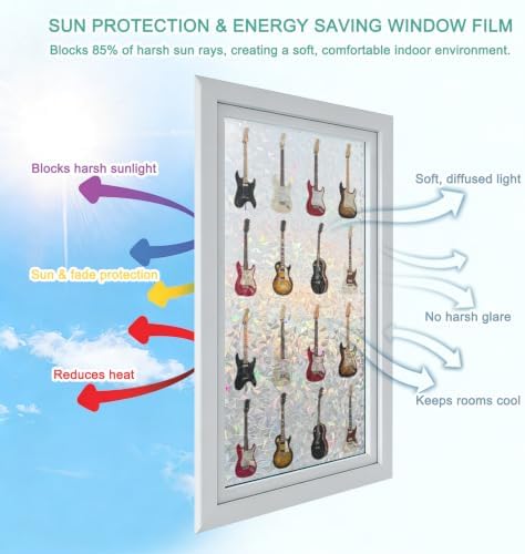 Music Window Privacy Film Rainbow Static Cling Stain Glass Window Film for Glass Door, Decorative Heat Control UV Blocking Frosted Sunroof Decal Sticker for Car 29.5"x78.7" Red Beige Guitar Modern Art - Image 4