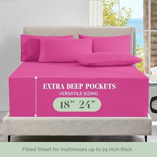 Elegant Comfort Luxury Soft 6-Piece 1500 Premium Hotel Quality Bed Sheet Set with Extra Deep Pockets 18-24 Inch, Wrinkle Free, Storage Pockets, Extra Deep Pocket 6PC Sheets, Full, Hot Pink - Image 4