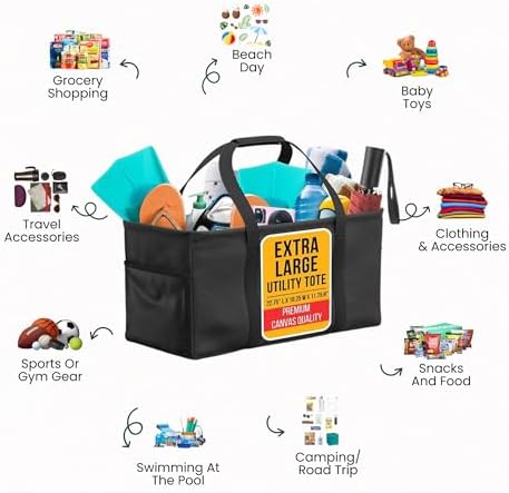 Extra Large Utility Tote Bag - Oversized Collapsible Beach Bag - Black - Image 3