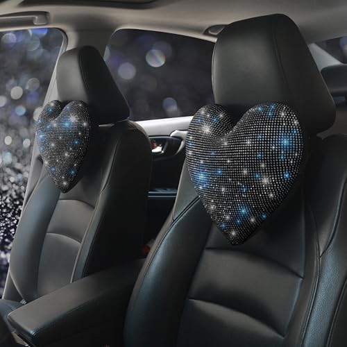 Car Headrest Neck Pillows Rhinestone Automobile Headrest Cover Car Headrest Neck Pillow for Driving with Bling Bling Crystal Car Accessories for Women, Girls and Ladies Black 2 Pieces by Pirador