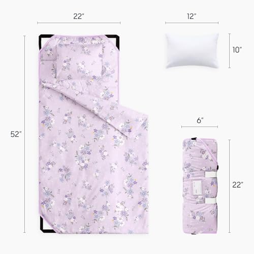 Wake In Cloud - Cot Nap Mat with Pillow and Blanket, 100% Cotton Fabric, for Toddler Kids Girls Ages 3 Plus in Daycare Kindergarten Preschool with Elastic Corner Straps, Floral Flowers - Image 2