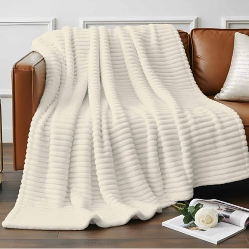 Cream Throw Blanket, Farmhouse Solid Color Fluffy Soft Blankets for Couch Bed Travel, Minimalist Plush Microfiber Striped Flannel Blankets, Modern Lightweight Sofa Blankets 40"x60" - Image 2