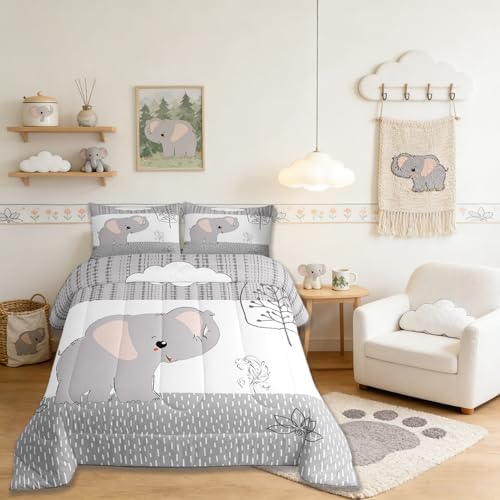 Castle Fairy Cartoon Elephant Bedding Set King Size,Kawaii Cute Wild Animal Comforter Set Room Decor for Home,Grey White Tree Cloud Flower Microfiber Down Comforter,with 2 Pillowcases - Image 3