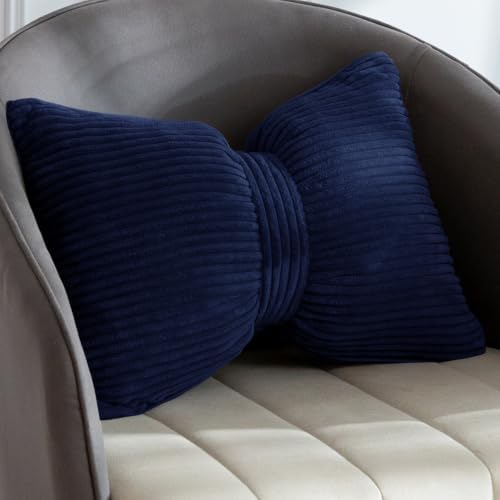 HIGOGOGO Lumbar Support Pillow for Recliner Chair, Bow Knot Shaped Back Support Cushion, Striped Corduroy Soft Decorative Lumbar Pillow for Office Chair, Sofa, Car, Bed, Living Room - Navy by HIGOGOGO