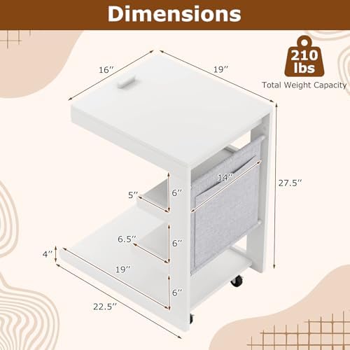 Giantex C-Shaped End Table with Wheels, Set of 2 Wood Rolling Side Table w/Adjustable Desktop, Edge Stopper, Side Pocket & 3 Storage Shelves, Sofa Couch Bedside TV Tray for Living Room Bedroom (White) - Image 3
