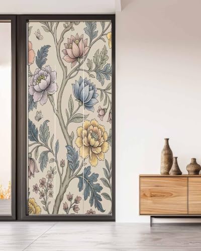 Window Privacy Film Frosted, Vintage Garden Flower Non-Adhesive Static Cling Window Tint, Rustic Floral Leaf Pastoral Beige Insulated Windows Frosted Films for Living Room, 35.4 x 78.7 Inches - Image 5