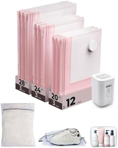 BAGSMART Vacuum Seal Storage Bags for Clothing Travel, 12 Pack Travel Essentials Bundle includes Laundry Bag & Waterproof Shoe Bag & TSA Approved Toiletry Bag, Hand Pump Included by BAGSMART